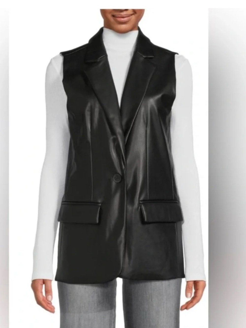 Steve Madden Black Faux Leather Longline Blazer Vest